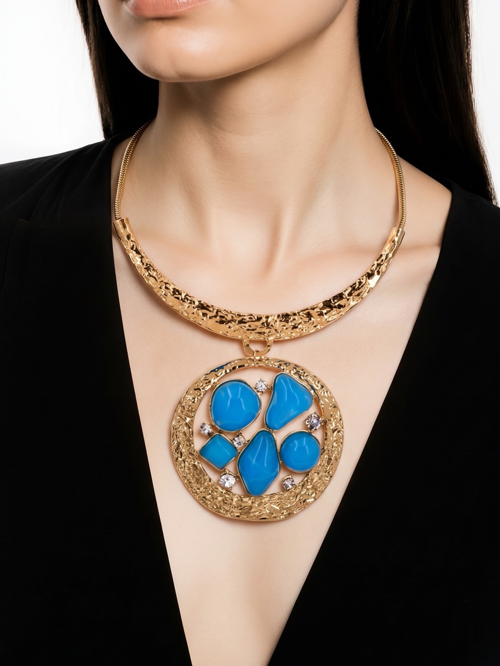 Gold Statement Necklace Set with Turquoise Stones by